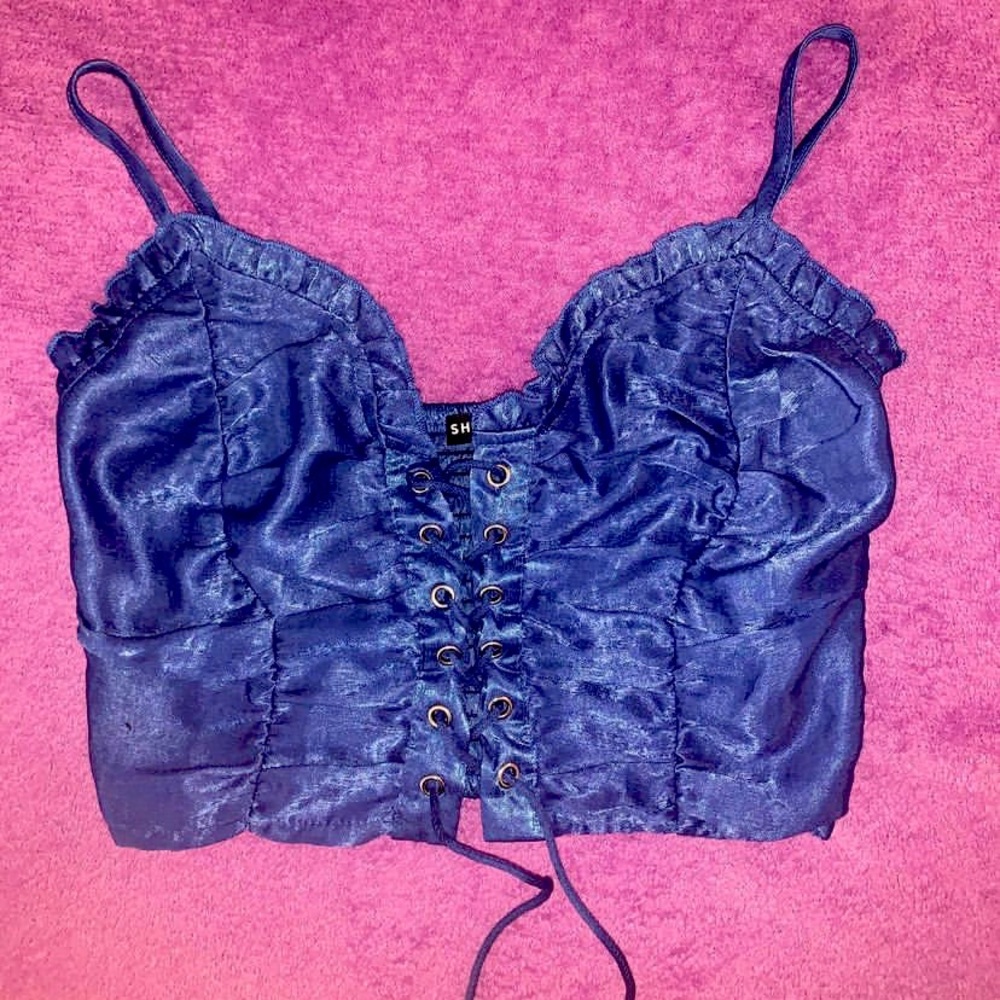blue ruched satin crop top